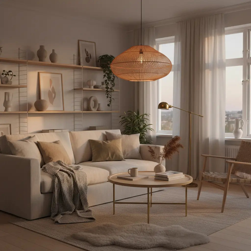 salon scandinave avec suspension en rotin, lumière douce, tons neutres et bois