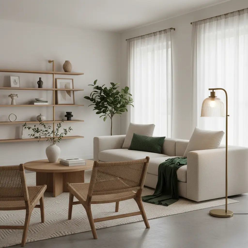 salon moderne avec lampadaire design, lumière chaude, tons neutres et verts