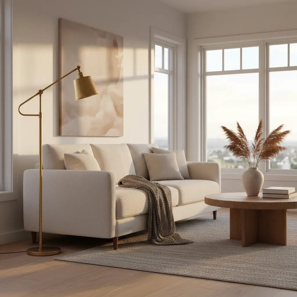 a stylish living room with a floor lamp casting a warm glow