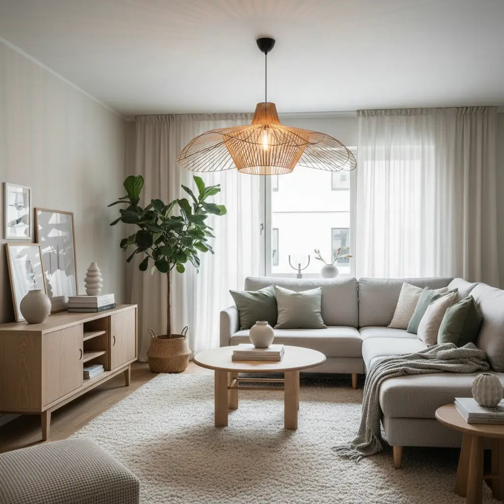 salon moderne avec suspension en rotin, lumière chaude, mobilier épuré et plantes