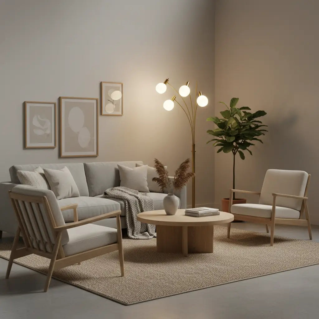 salon moderne avec lampadaire, lumière douce, tons neutres, bois clair