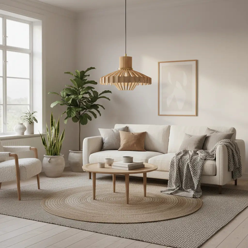 a warm living room with a stylish suspension lamp and minimalist decor