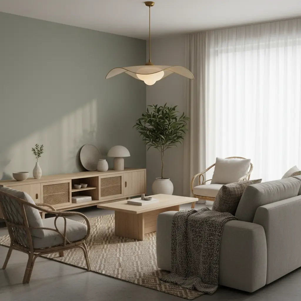salon moderne avec suspension design, lumière chaude, tons neutres, bois clair et rotin