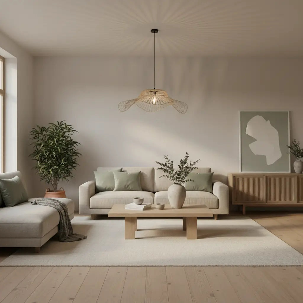 salon moderne avec suspension en rotin, lumière douce, ambiance sereine et chaleureuse