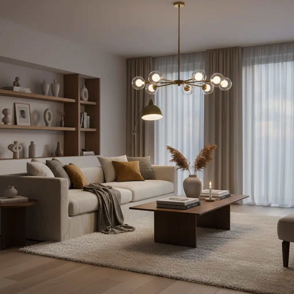 salon moderne avec suspension design, lumière chaude, tons neutres et textures naturelles
