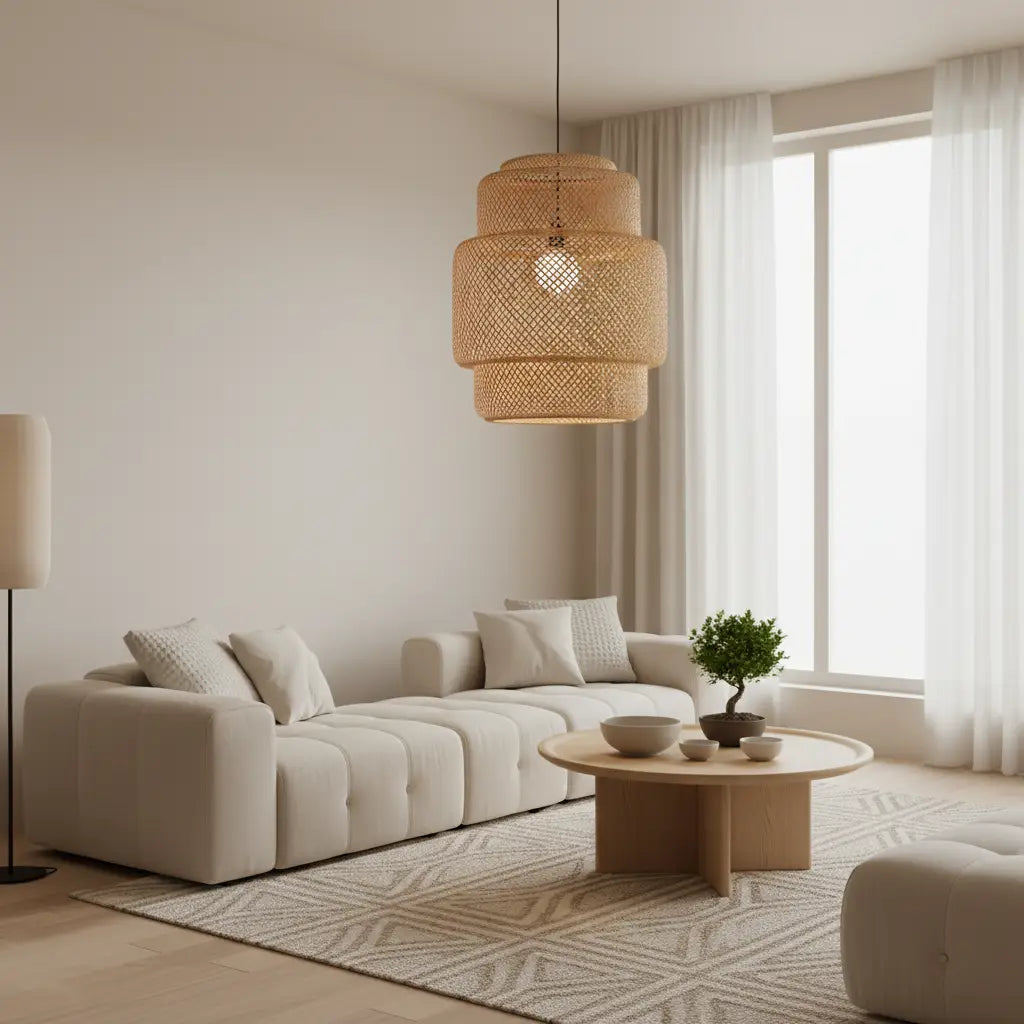 une suspension en rotin tressé illumine un salon moderne dans un style japandi