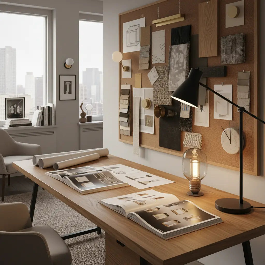 Bureau d'expert en décoration intérieure avec échantillons et catalogues de luminaires