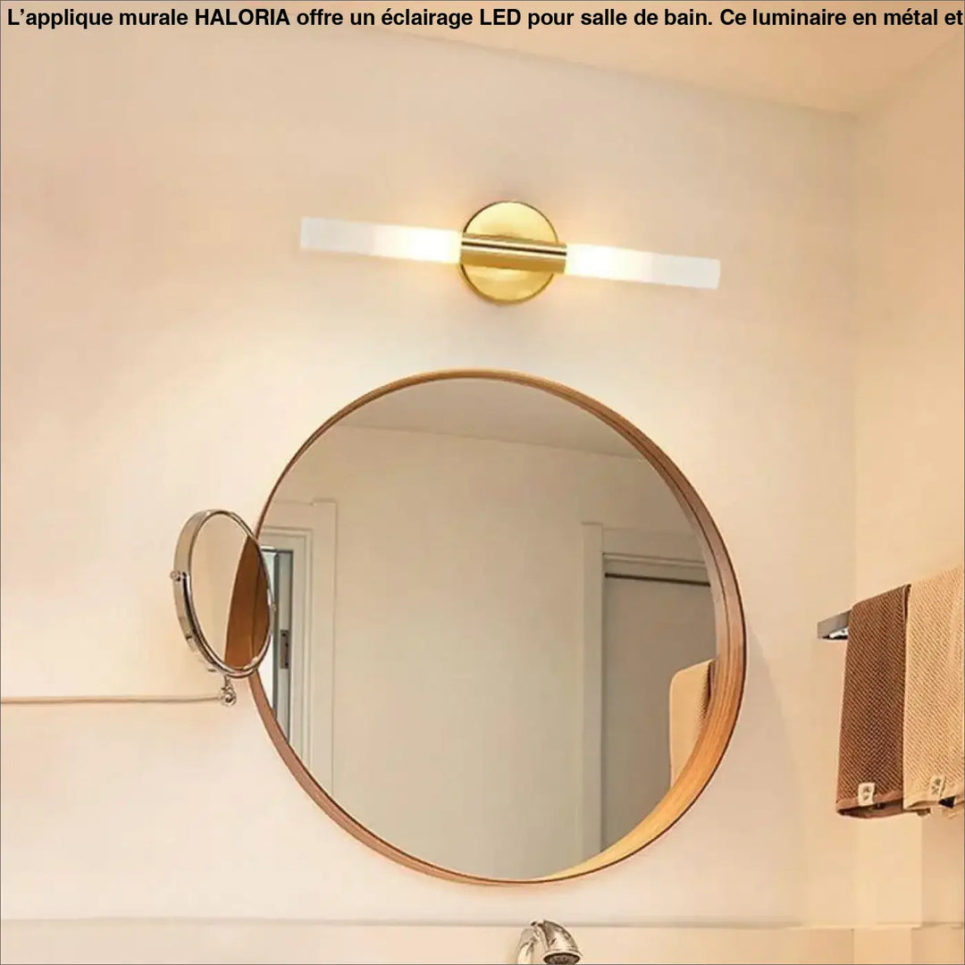 Applique mural salle de bain en bois avec miroir rond et petit miroir grossissant latéral haloria