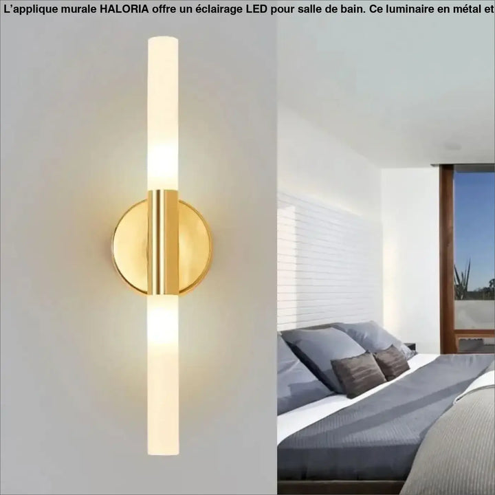 Applique murale haloria moderne dorée avec abat-jour cylindrique en verre dépoli pour salle de bain