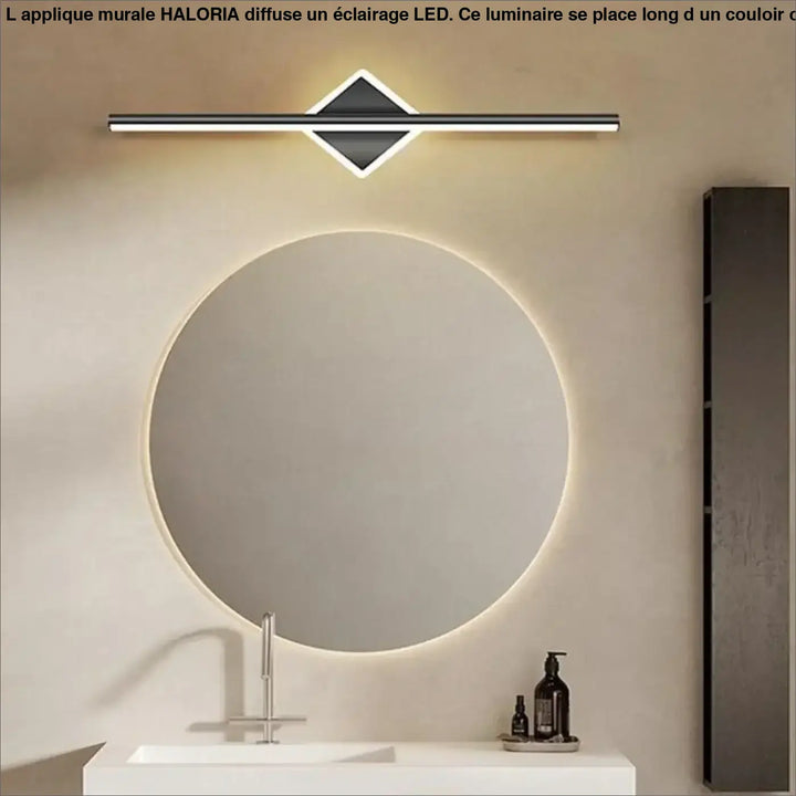 Applique murale a led haloria au design geometric noir et blanc moderne pour eclairage autour d’un miroir ou long d’un couloir
