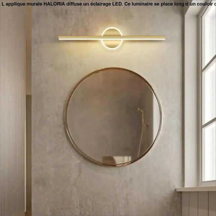 Applique murale à led haloria en métal doré avec un design circulaire pour l installation long d un couloir ou autour d un miroir