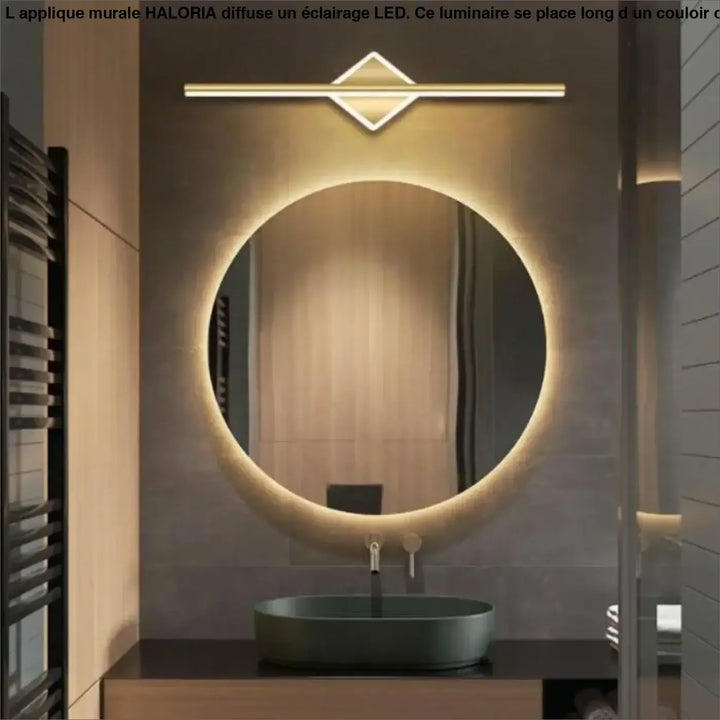 Applique murale led haloria avec miroir circulaire, anneau lumineux chaud, barre dorée long d’un couloir ou autour d’un miroir