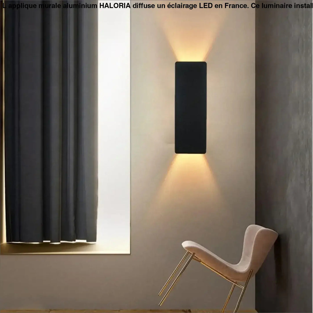 Applique murale aluminium haloria noire rectangulaire moderne avec éclairage chaud et focalisé pour murale aluminium