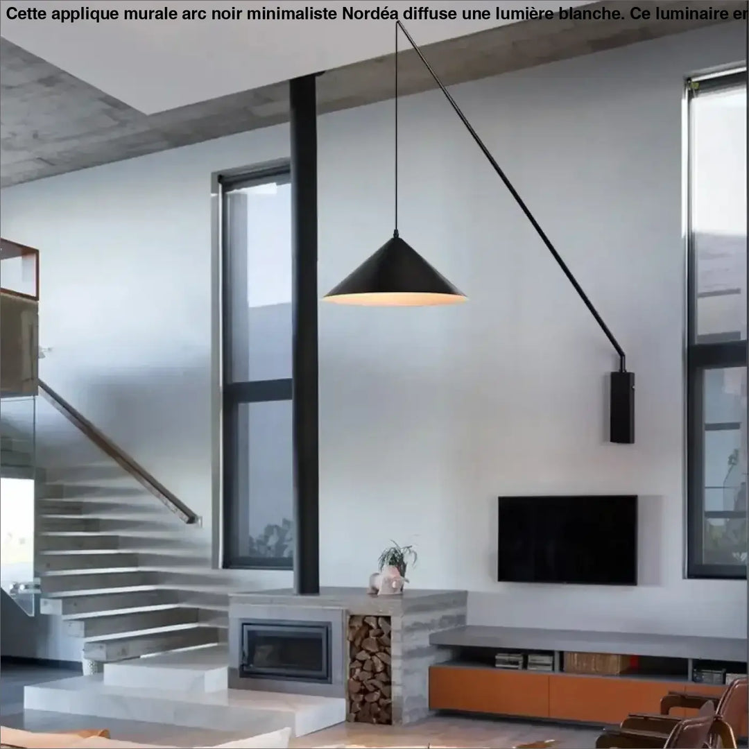 Applique murale arc noir minimaliste nordéa avec lumière blanche et bras articulé élégant en métal conique noir