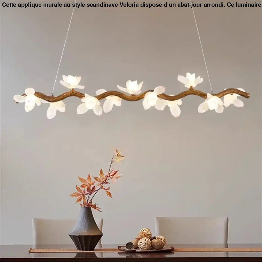 Suspension luminaire jemah en forme de branche courbée avec fleurs blanches, lampes suspendues parfaites pour mètres carrés raffinés