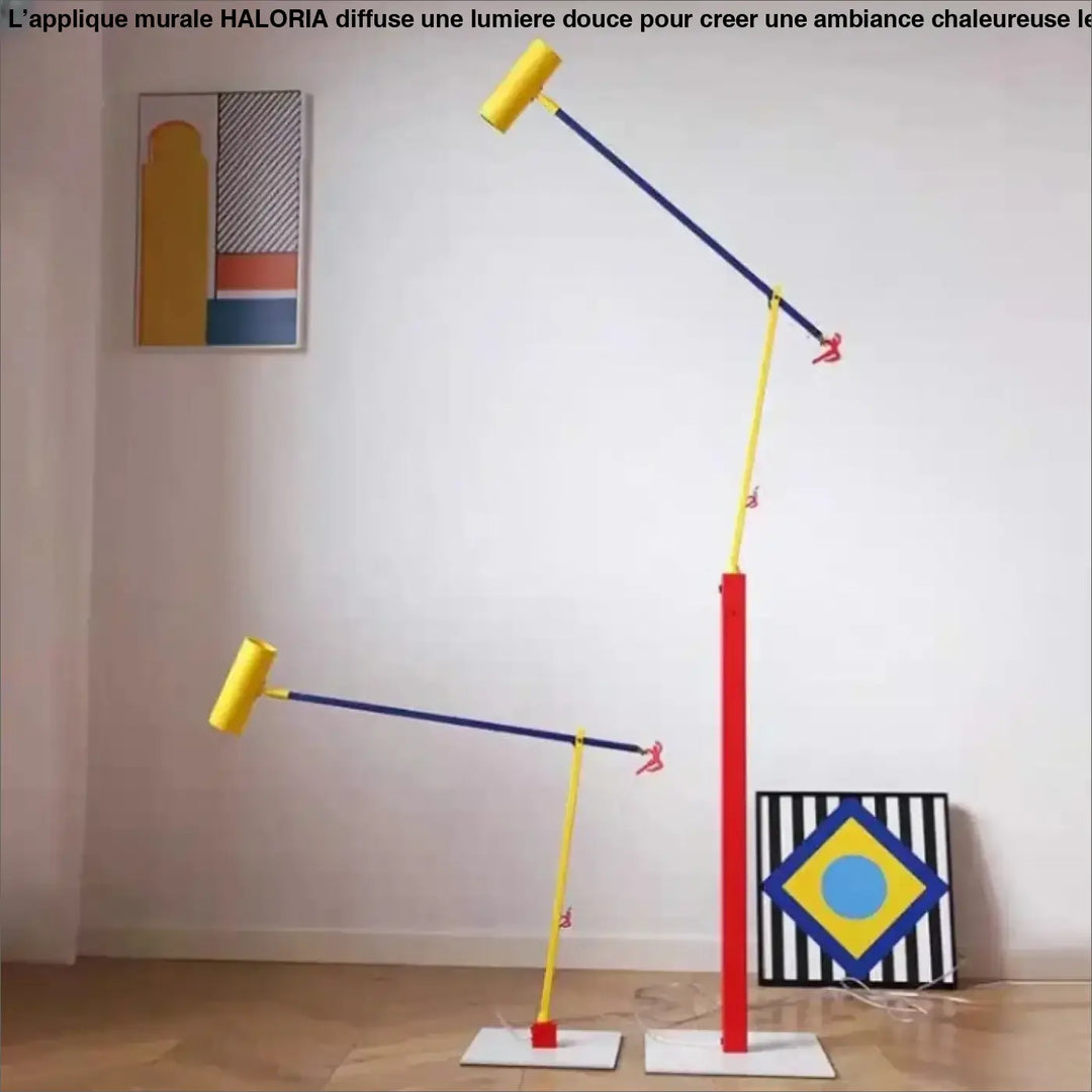 Lampadaire kineo avec poteau rouge et bras articulés jaune-bleu pour chambre à coucher besoin d’ouvrir