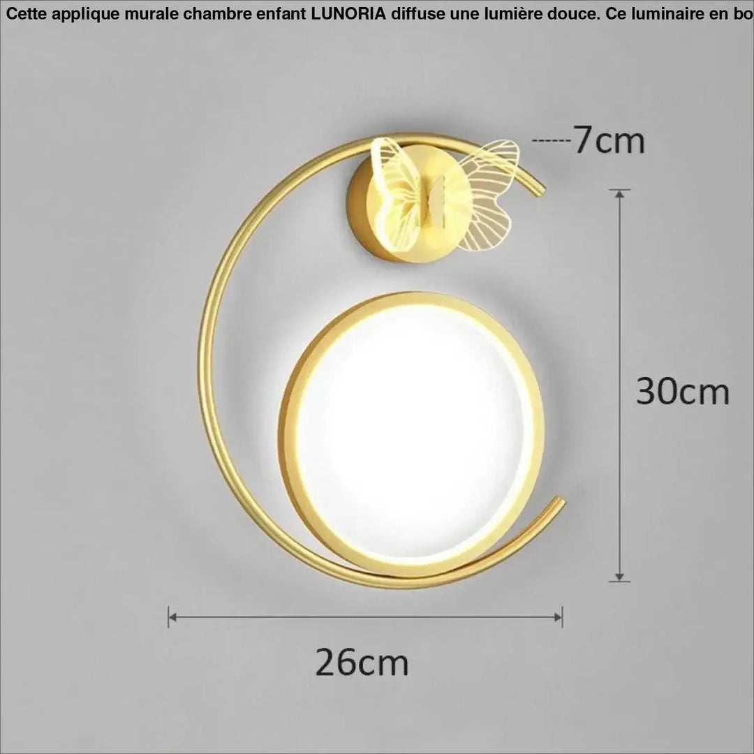 Applique murale chambre lune dorée avec accent papillon délicat et panneau circulaire lumineux lunoria