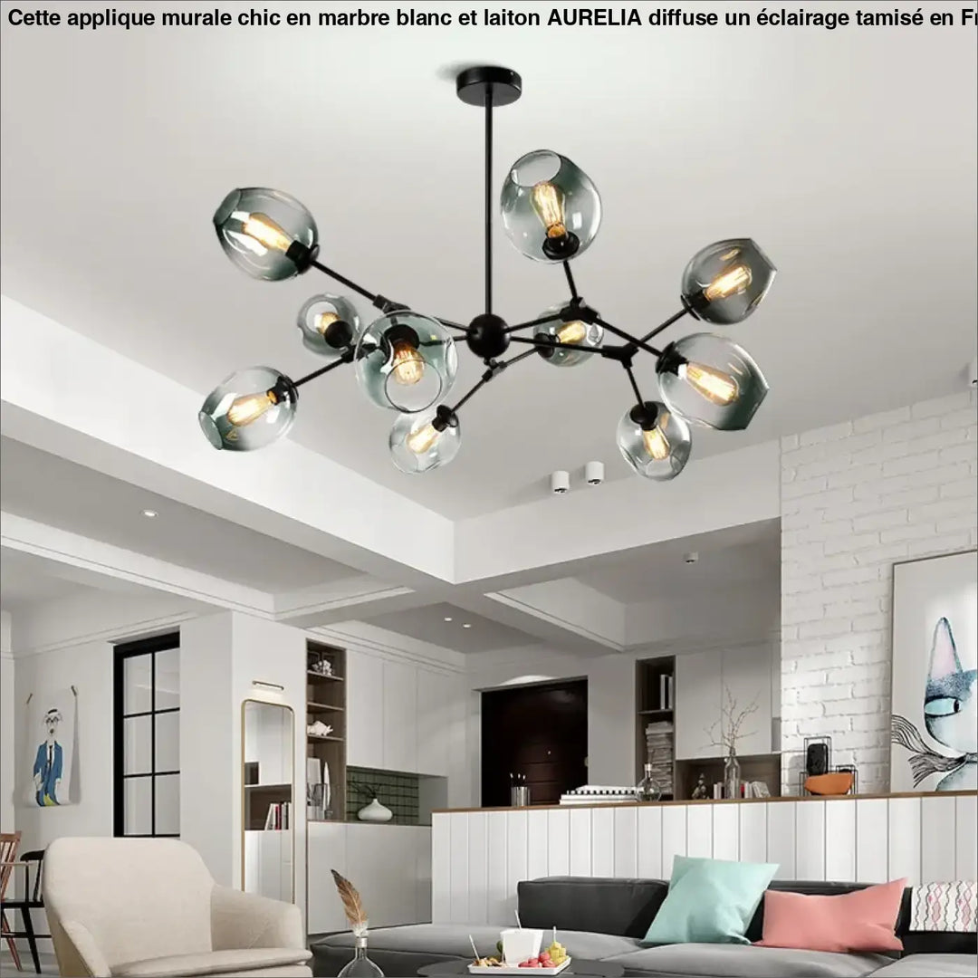 Suspension luminaire alloy en métal noir moderne avec bras articulés vintage et globes en verre givré abritant des ampoules filament