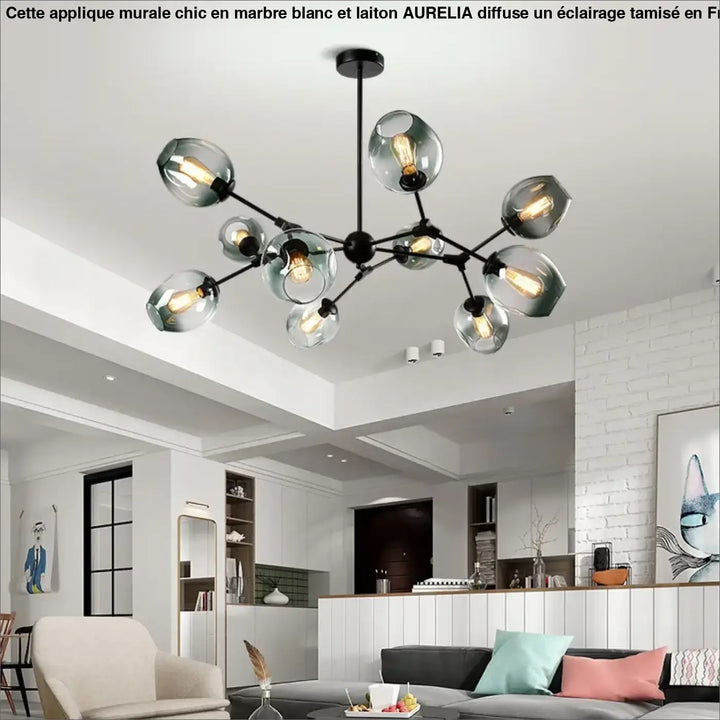 Suspension luminaire alloy en métal noir moderne avec bras articulés vintage et globes en verre givré abritant des ampoules filament