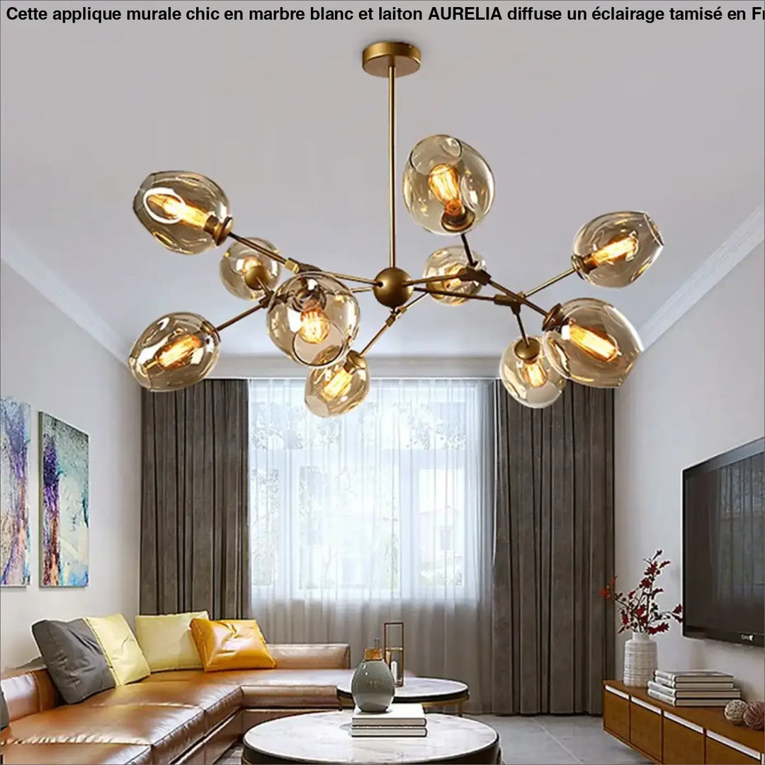 Suspension luminaire alloy en métal doré avec globes en verre ambre et bras articulés vintage à ampoules à filament exposé