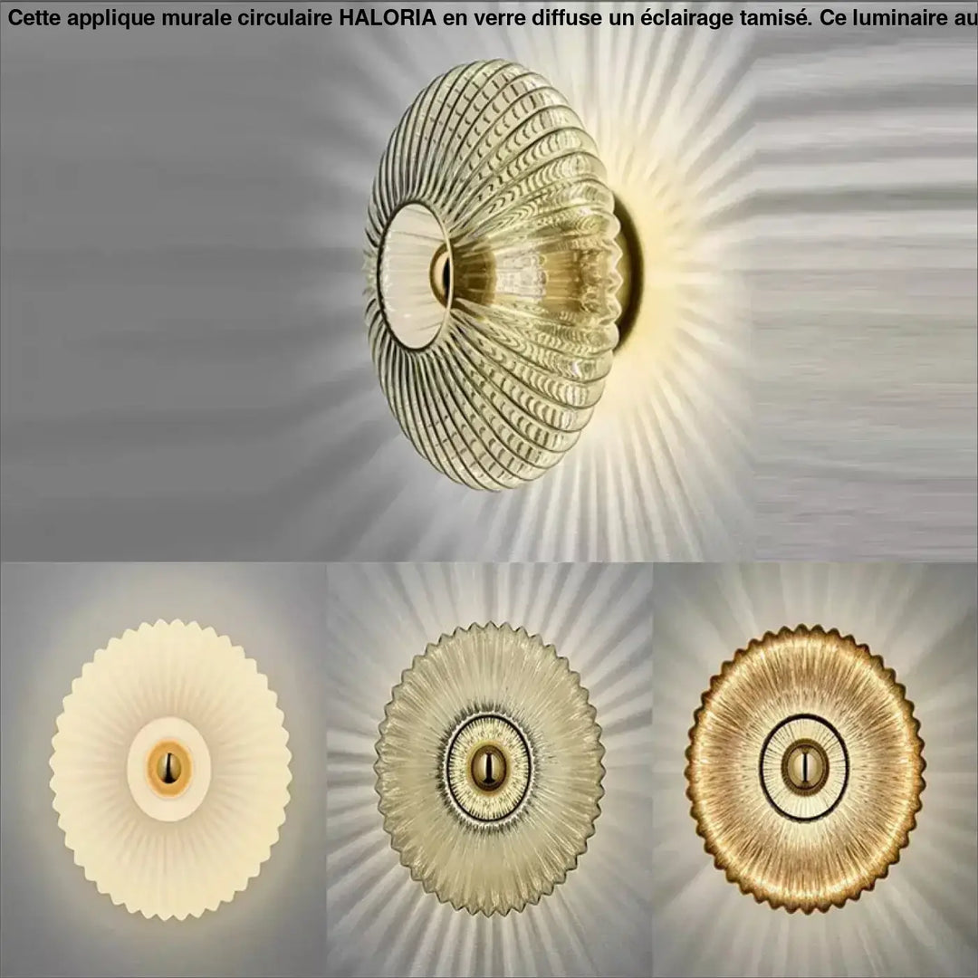 Applique murale circulaire en verre doré avec relief et fixation en laiton diffusant une lumière rayonnante vintage haloria