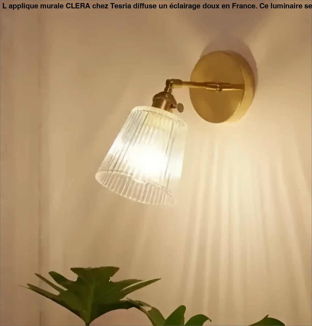 Applique murale clera en laiton chaud avec abat-jour en verre cannelé clair idéale long d’un couloir ou autour d’un miroir