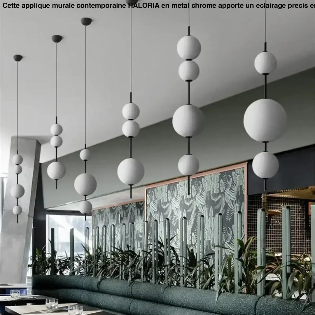 Suspension luminaire saku avec suspensions scandinaves modernes sphériques blanches et tiges noires en grappe cascade