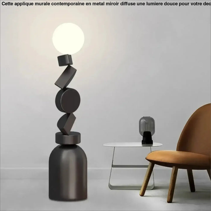 Lampadaire totex moderne noir mat avec formes géométriques empilées pour décorer root avec ampoule sphérique lumineuse