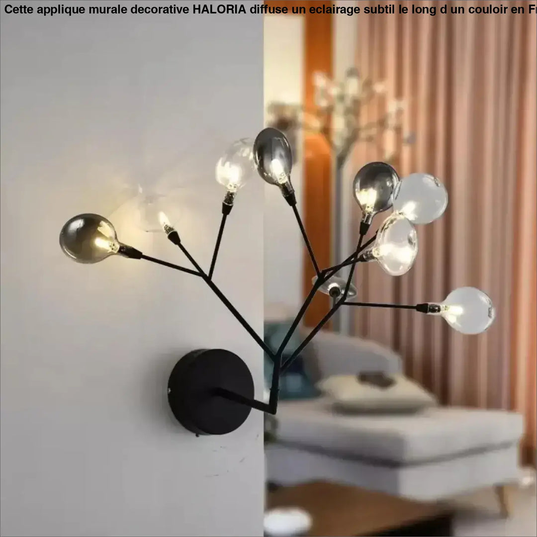 Applique murale decorative haloria en metal noir avec plusieurs ampoules filament exposees dans des abat-jours verre clair et dépoli
