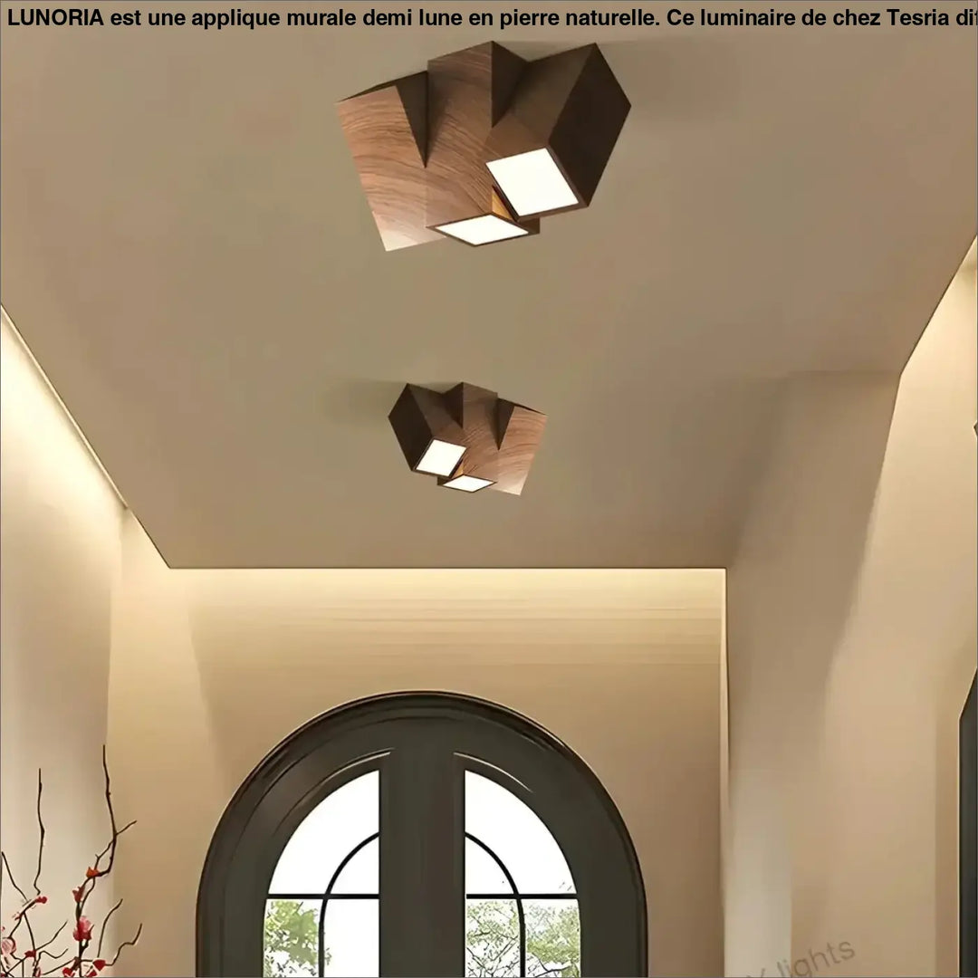 Applique murale demi lune en pierre naturelle lunoria avec éclairage plafond géométrique bois chaud et panneaux led carrés