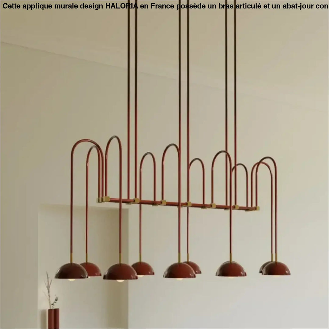 Suspension luminaire rumia en métal rouge avec arches courbes et abat-jours en forme de dôme design moderne présence spectaculaire