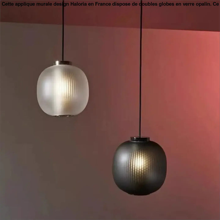 Suspension luminaire ovia avec deux globes en verre nervuré blanc translucide et gris foncé pour un style chic
