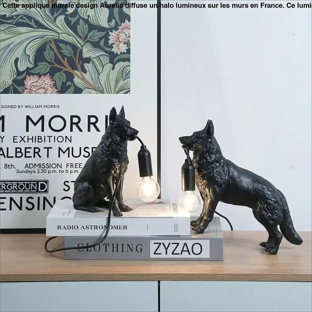 Lampe de table kanis berger allemand lumineux en figurine noire mate avec ampoule exposée design sculptural moderne