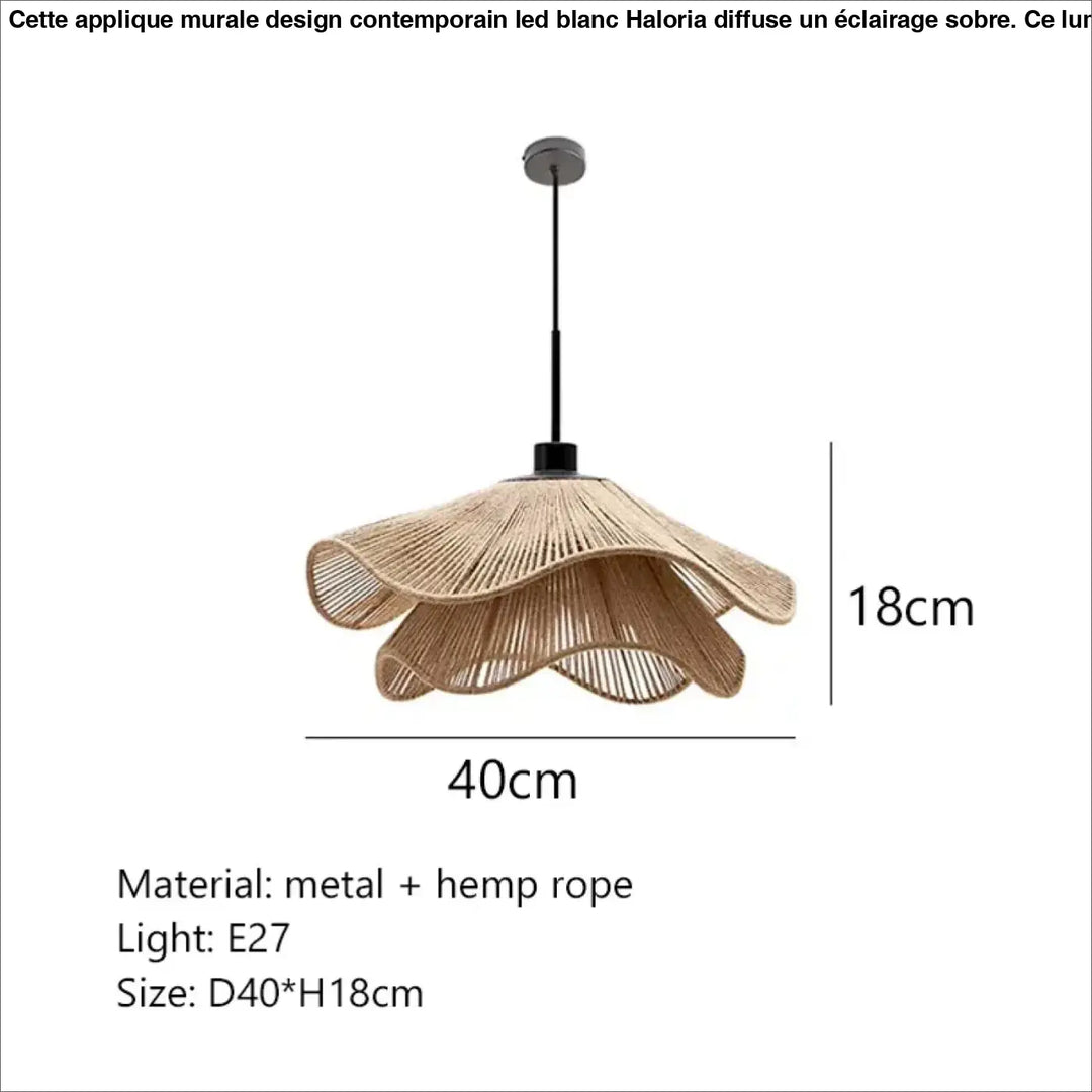 Applique murale design contemporain led blanc haloria avec abat-jour en corde de chanvre tressée beige