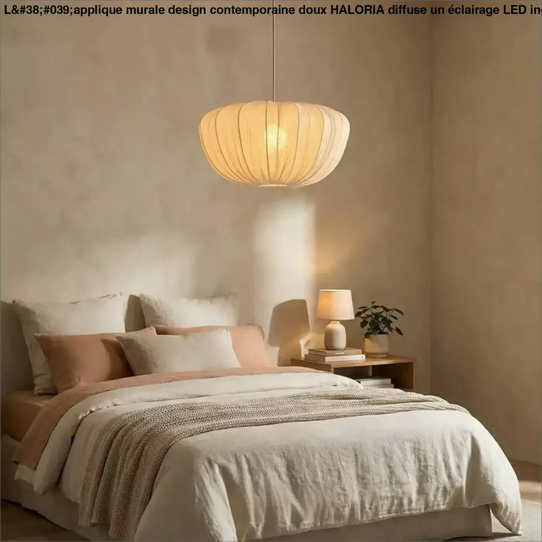 Suspension luminaire saï en papier côtelé ton chaud suspendue au-dessus du lit luminaire artisanale