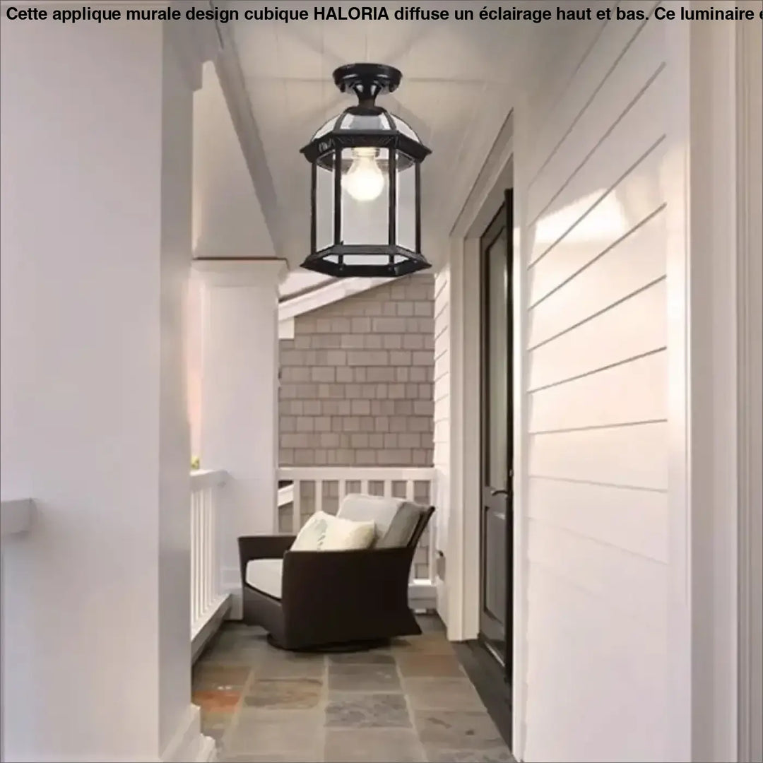 Luminaire plafonnier kaguya en métal noir avec lanterne en fer forgé et ampoule exposée pour style vintage