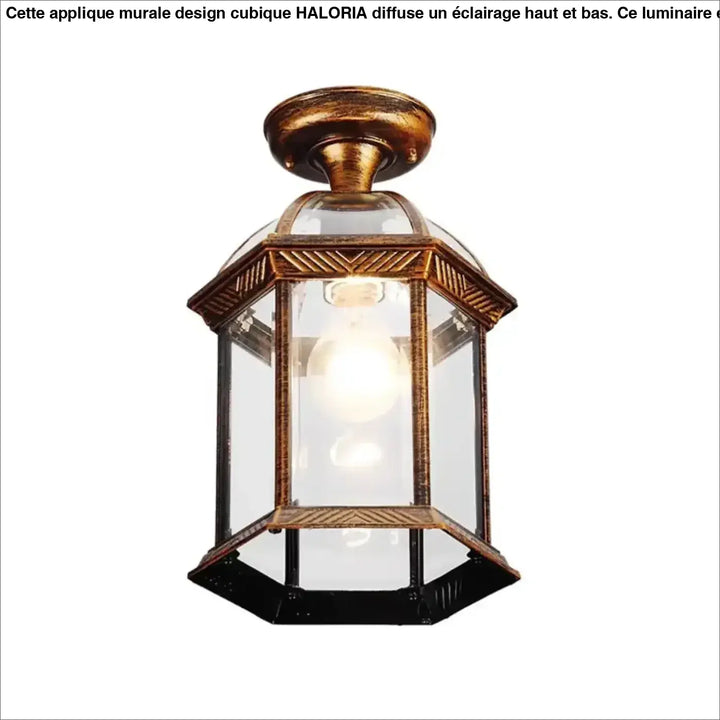 Luminaire plafonnier kagura en métal noir vintage avec lanterne hexagonale en laiton antique et panneaux en verre clair