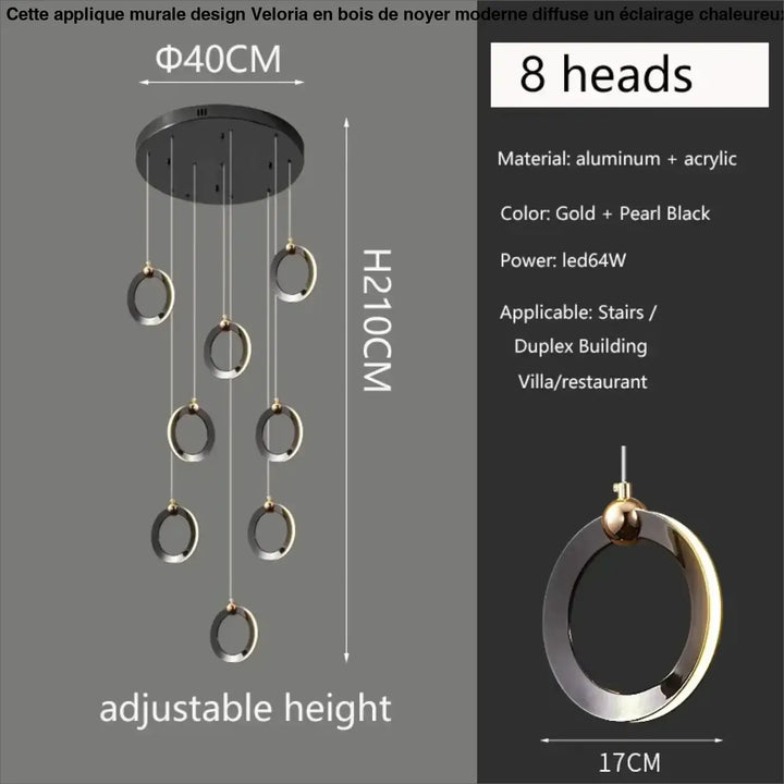 Suspension luminaire moderne anneaux led doré noir