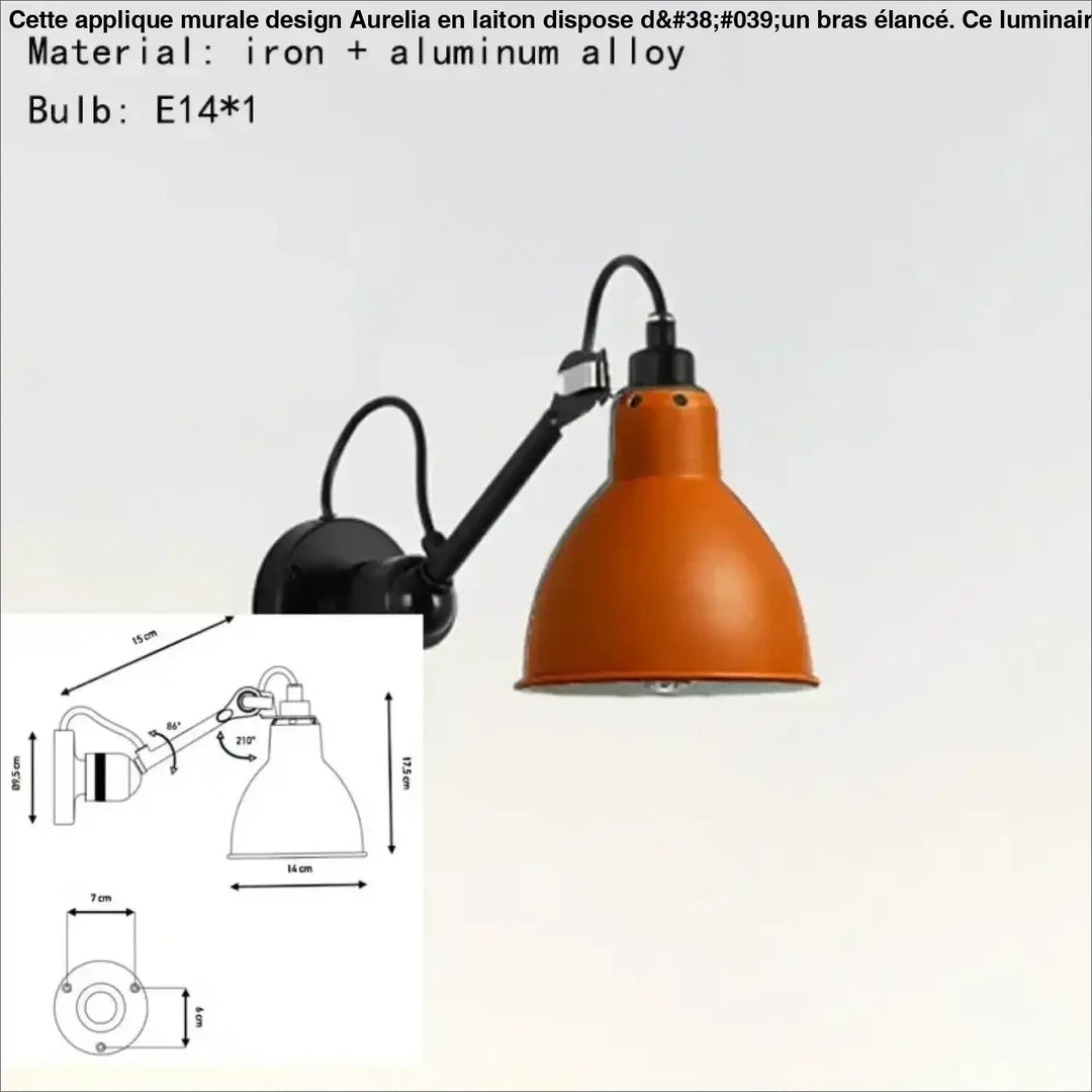 Applique murale design en laiton aurelia avec bras élancé orange et armature noire en alliage fer-aluminium