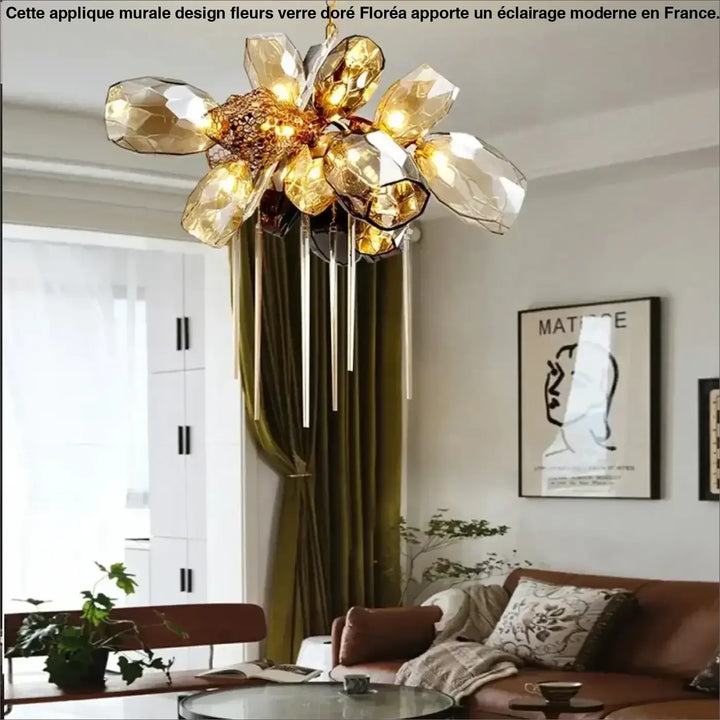 Suspension Luxueuse Design Floral Verre Doré Élégant Chic