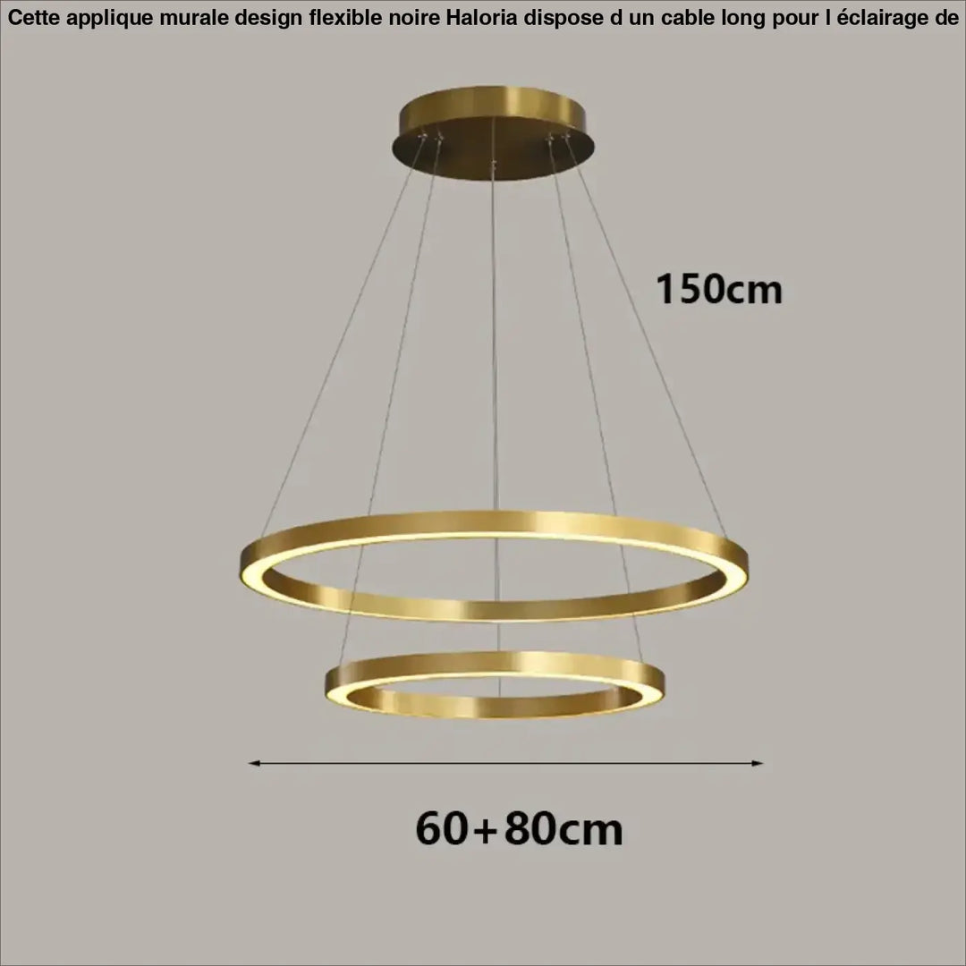 Applique murale design flexible noire avec cable long et suspension double anneaux finition or moderne et minimaliste