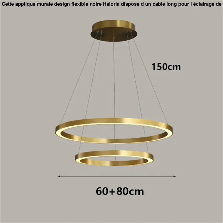 Applique murale design flexible noire avec cable long et suspension double anneaux finition or moderne et minimaliste