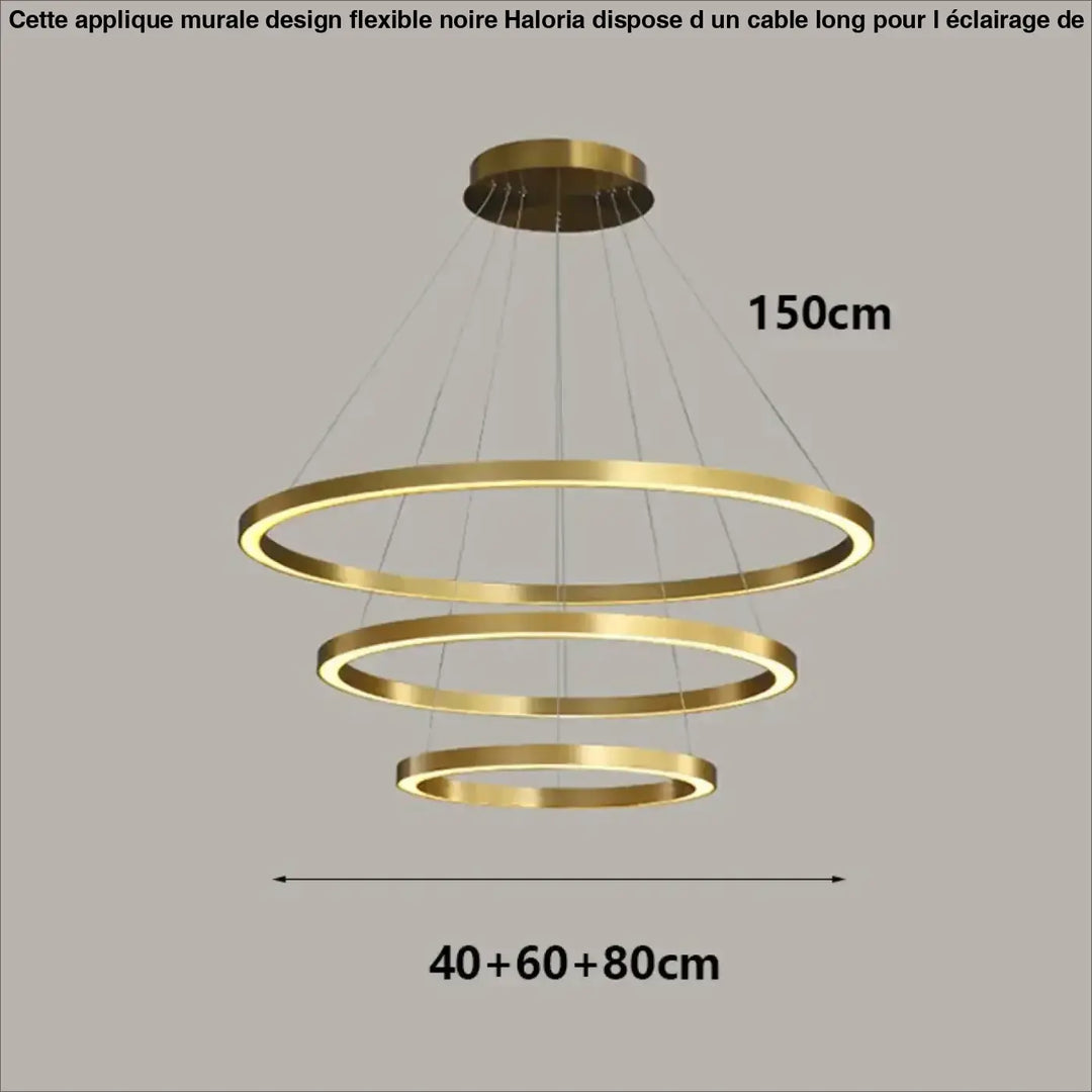 Applique murale design noire flexible avec cable long et suspension moderne en anneaux circulaires finition or