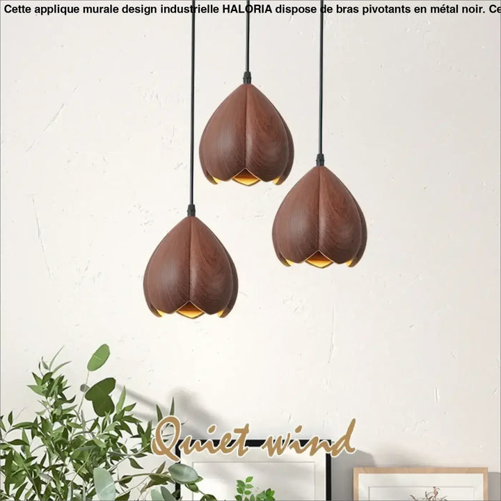 Applique murale design industrielle haloria avec trois suspensions en bois marron chaleureux à design en pétales