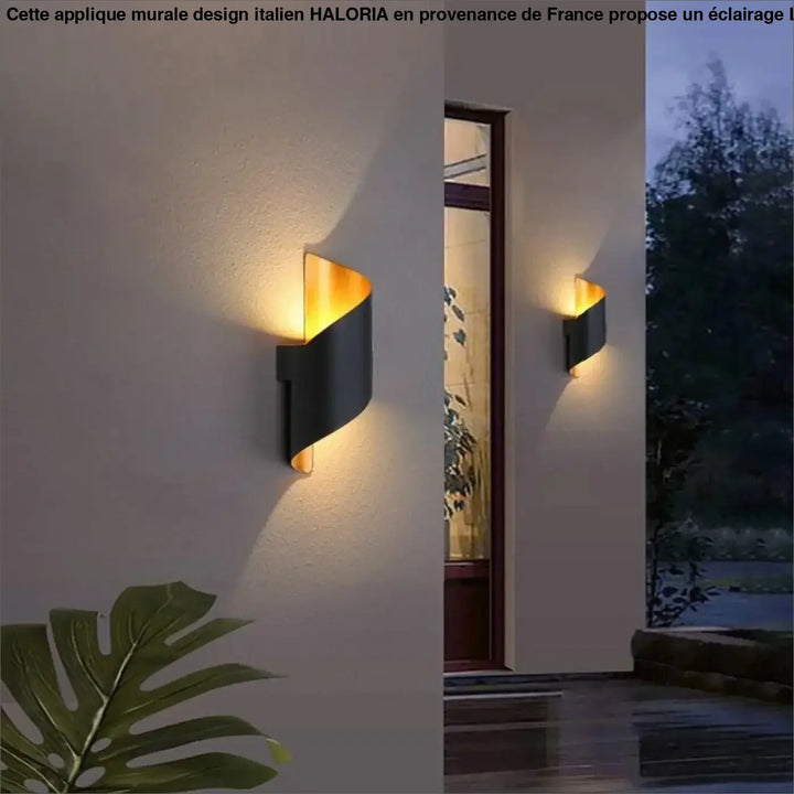 Applique murale design italien haloria avec design minimaliste en noir et or, finition courbée moderne et élégante