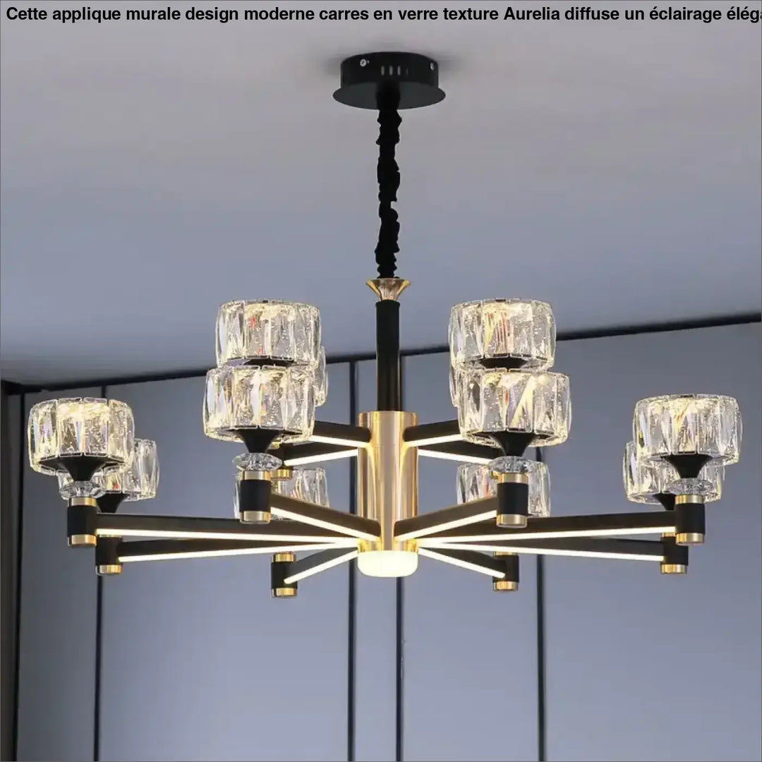 Suspension Luxueuse Design Verre Taillé Noir Et Doré

