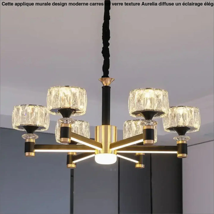 Suspension Luxueuse Design Verre Taillé Noir Et Doré

