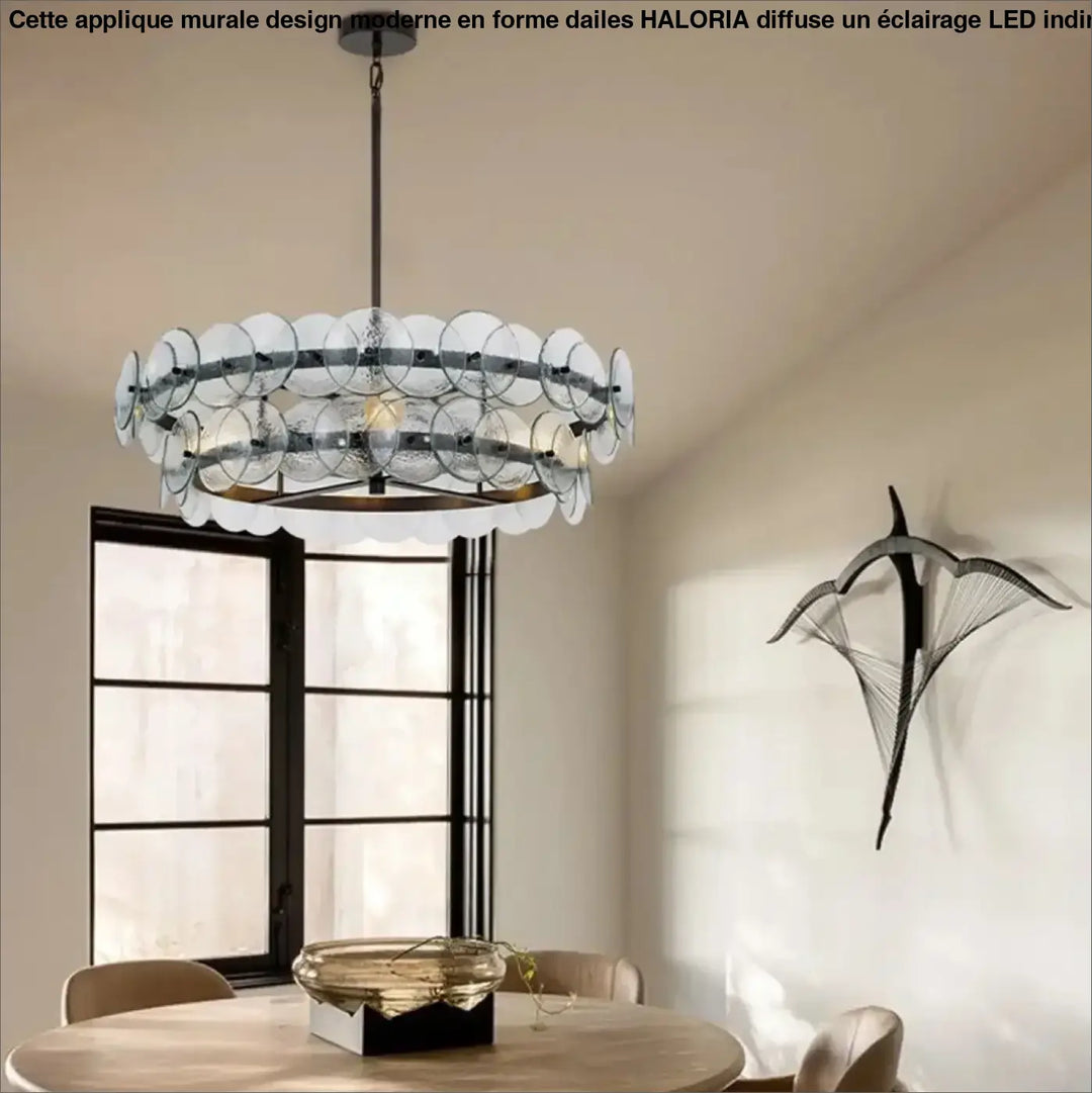 Applique murale design moderne en forme dailes avec disques en verre texturé clair suspendus à une structure métallique noire
