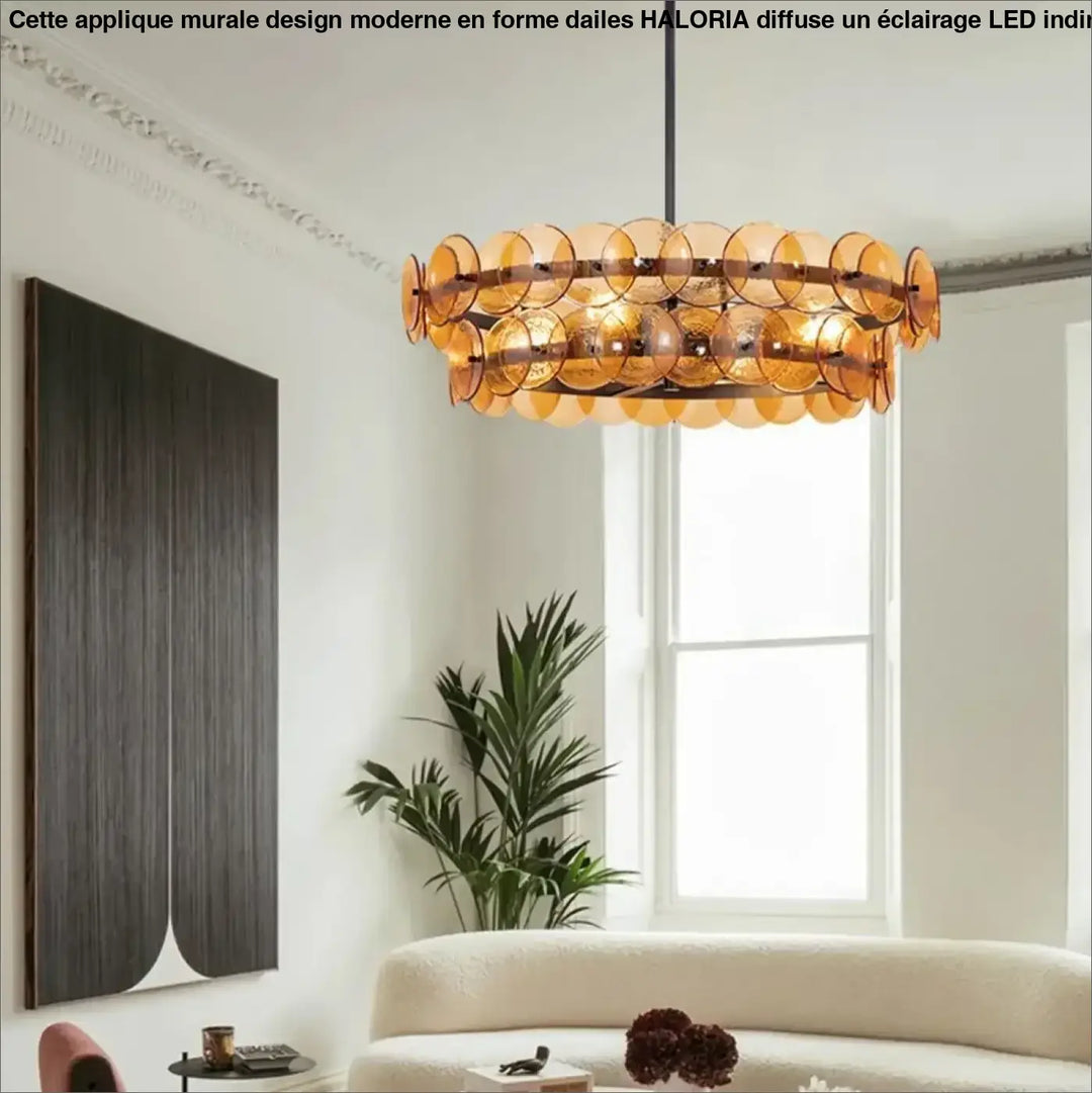 Applique murale design moderne en verre ambré avec anneaux circulaires concentriques et structure métallique sombre haloria