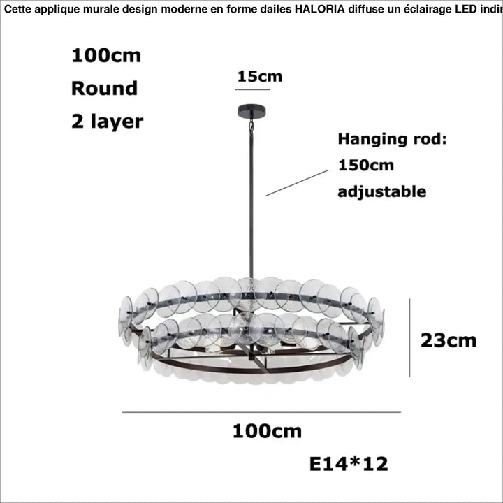 Applique murale design moderne en forme dailes avec suspension ronde en verre clair et cadre metal noir haloria
